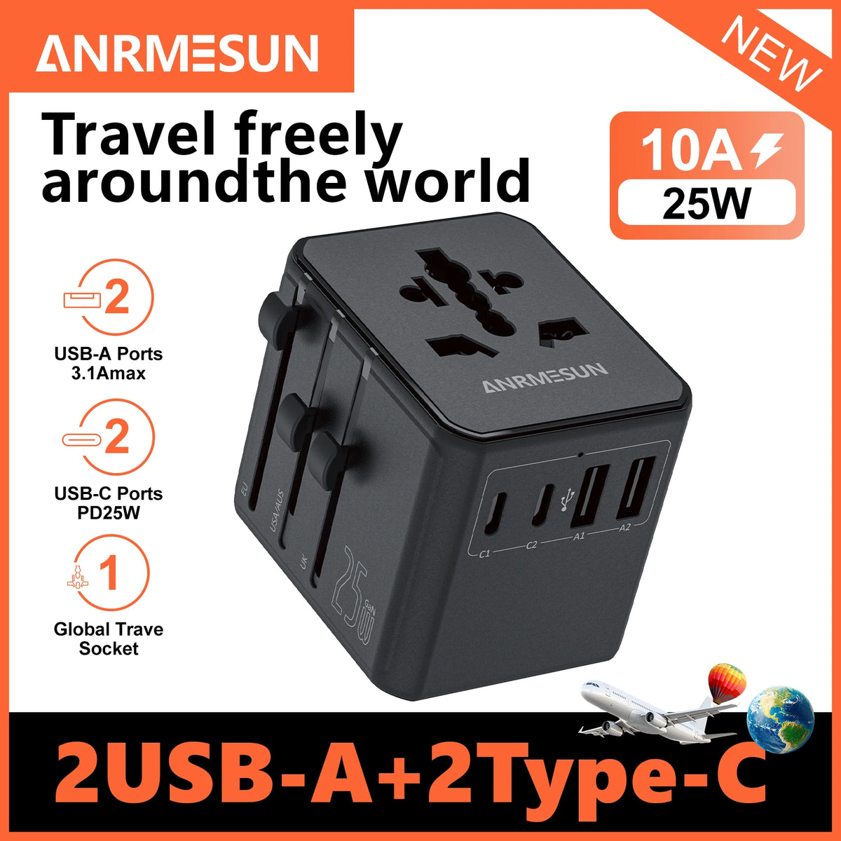 Travel Plug Adapter with USB-C & USB-A Charging