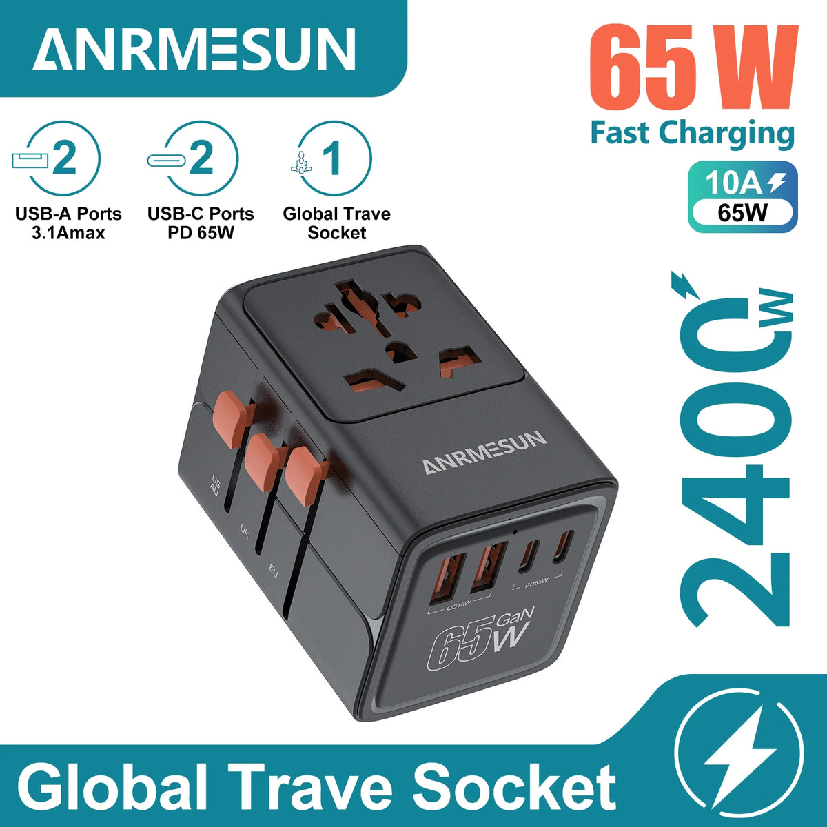 Travel Plug Adapter with USB-C & USB-A Charging