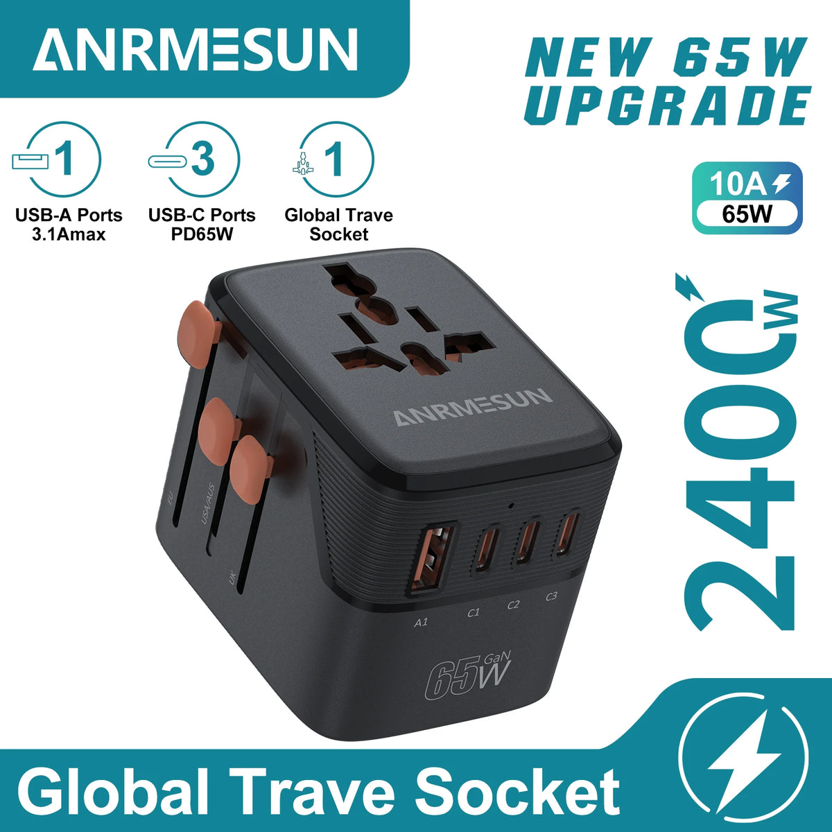 Travel Plug Adapter with USB-C & USB-A Charging