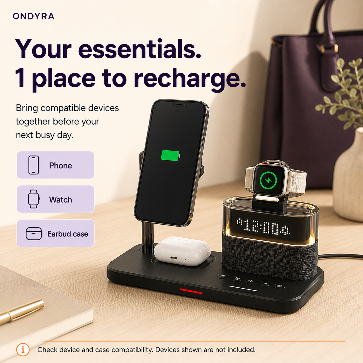 Black clock charging station on a pale desk with a phone, watch and earbud case in their respective charging positions.