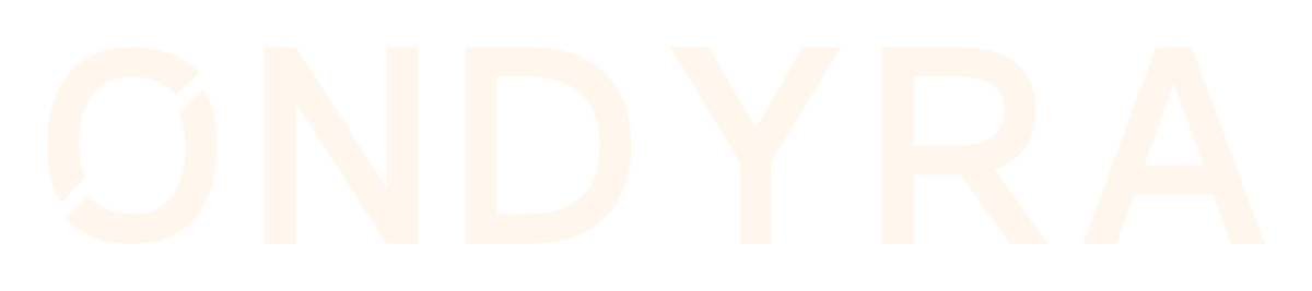 ONDYRA wordmark in warm cream with a diagonally split O