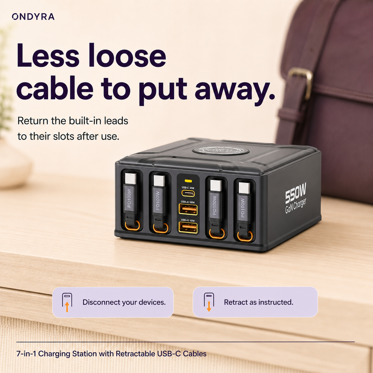 Close view of the charcoal charging station with all 4 USB-C cable handles returned to their front storage bays.