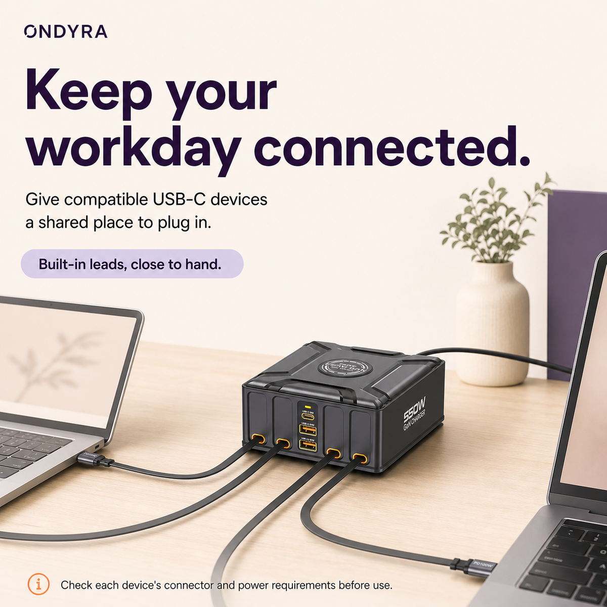 Retractable charging station and extended cables in a warm home working scene with compatible USB-C devices.