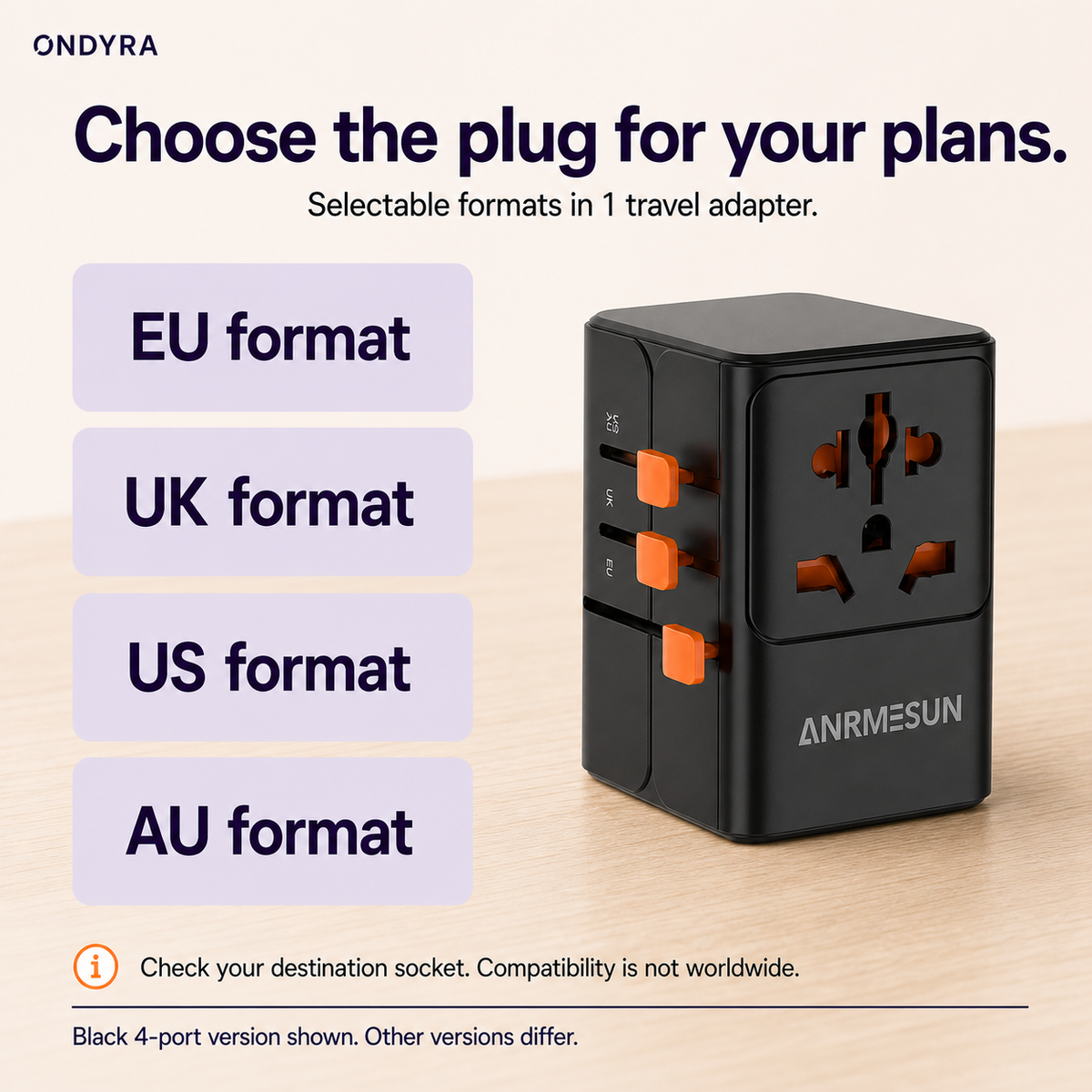 Black travel adapter with orange sliders beside EU, UK, US and AU format labels and a reminder to check the destination socket.
