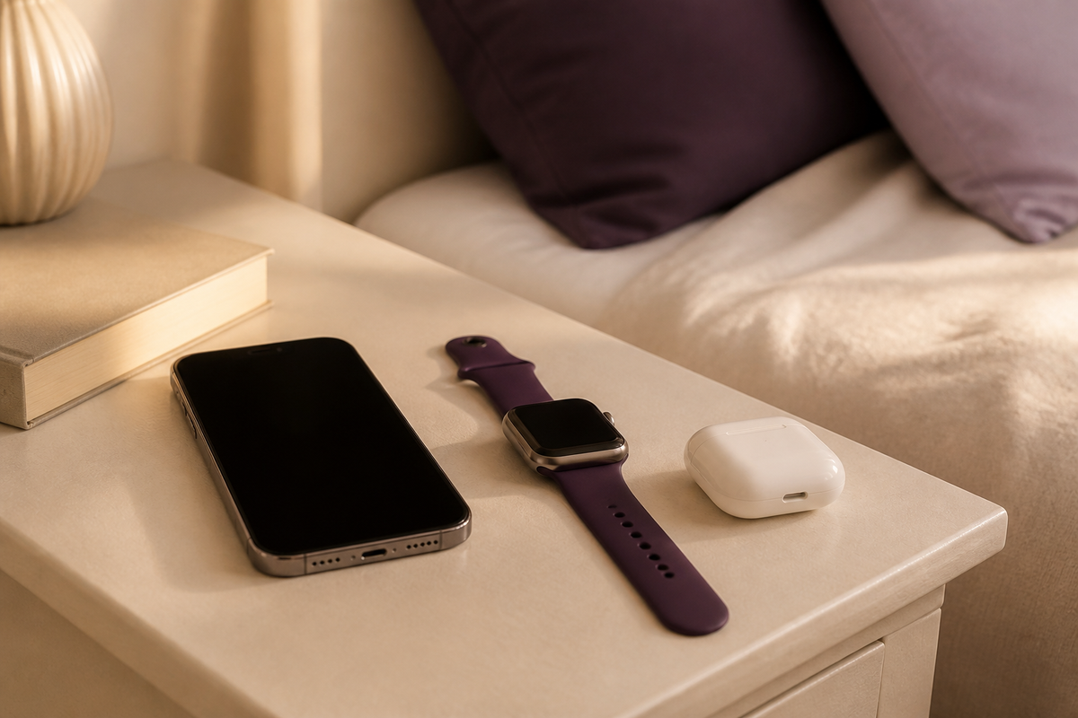 Phone, smartwatch with a plum strap and closed earbud case resting on a cream bedside table.