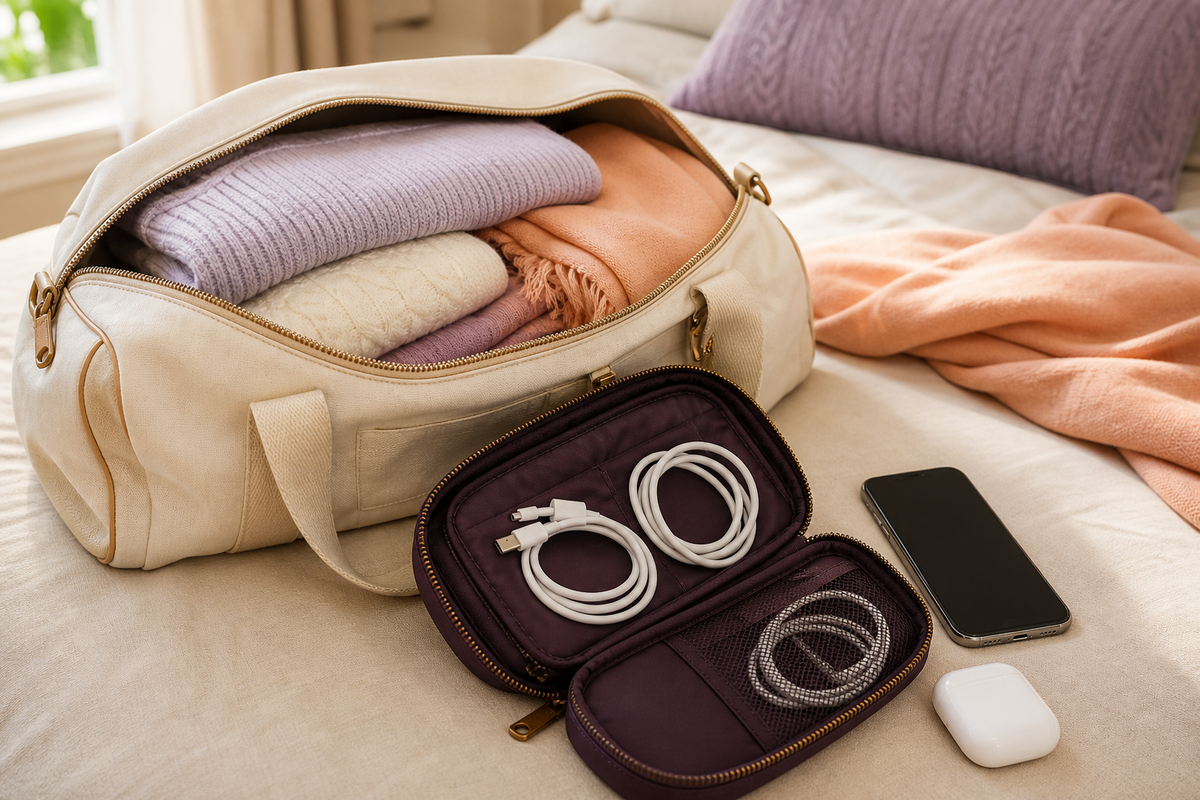 Cream weekend bag with a plum cable pouch, phone and closed earbud case laid out ready for a trip.