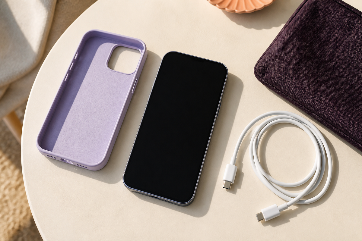 Phone with its case removed beside a lilac case and disconnected white charging cable on a cream table.