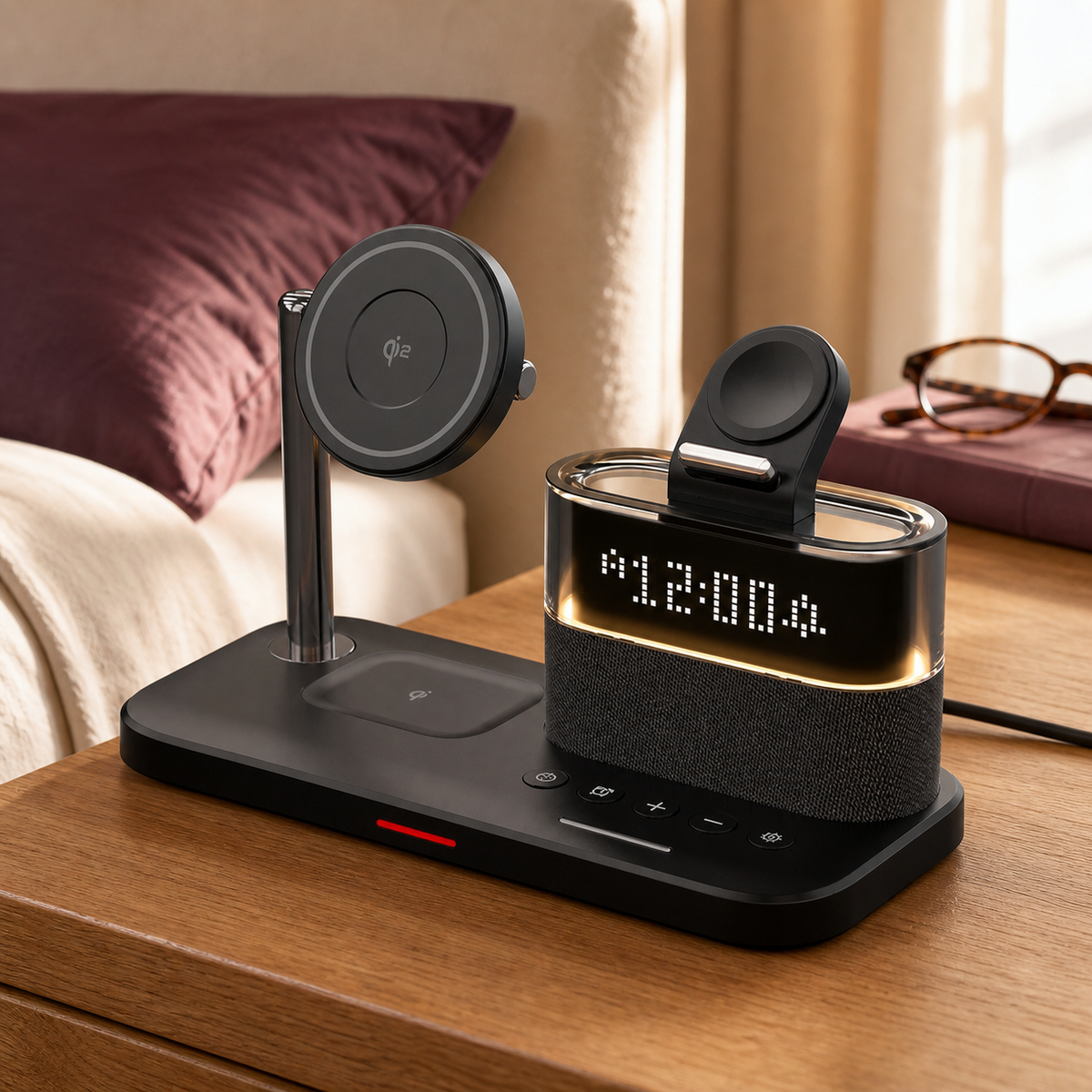 Black 3-in-1 charging station with a clock display, phone disc and watch pad on a bedside table.
