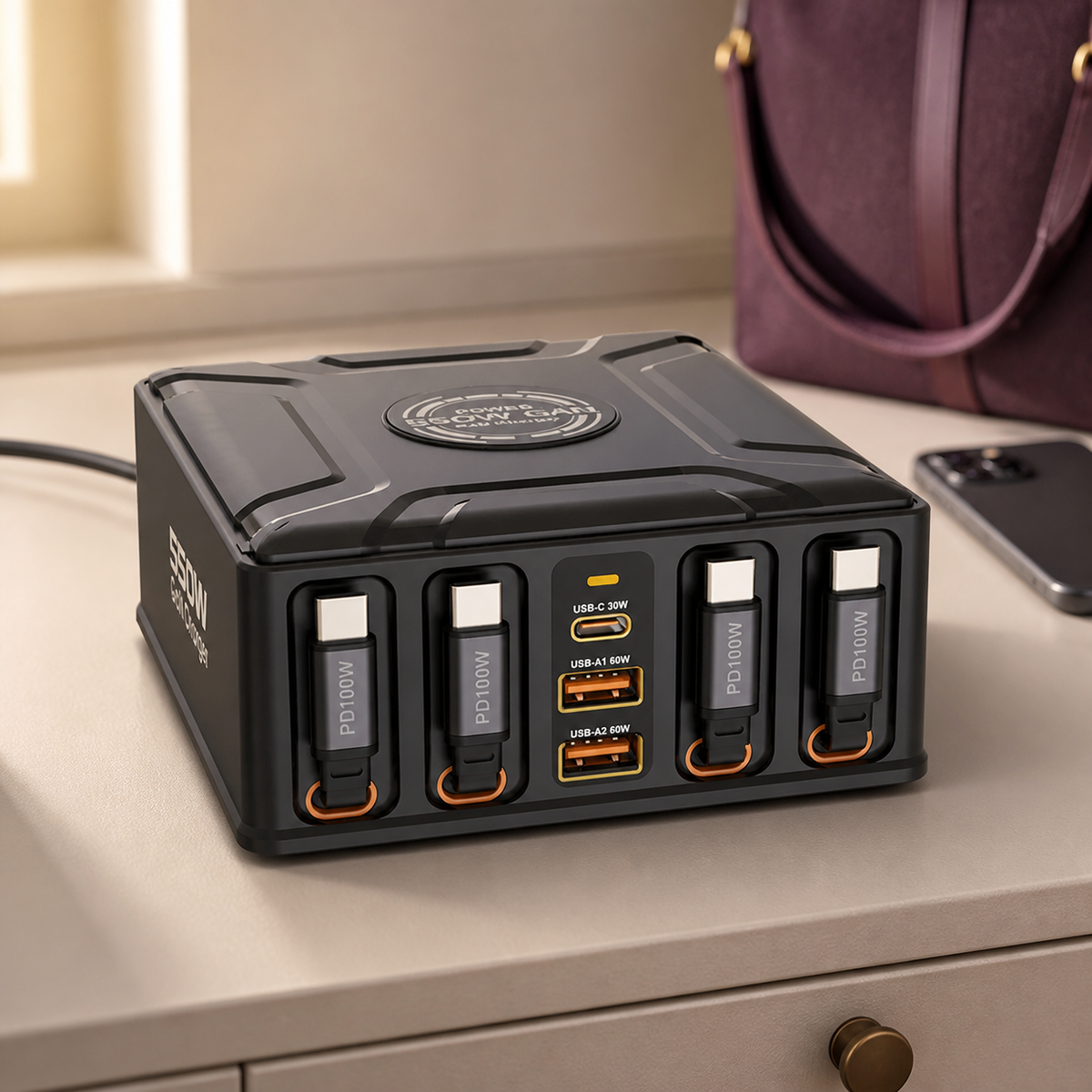 Charcoal charging station with 4 docked retractable cables and 3 front USB ports on a cream console.