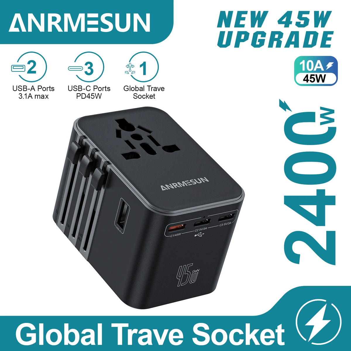 Travel Plug Adapter with USB-C & USB-A Charging