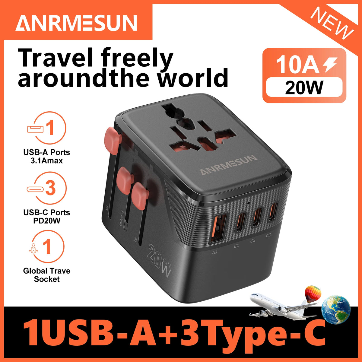 Travel Plug Adapter with USB-C & USB-A Charging