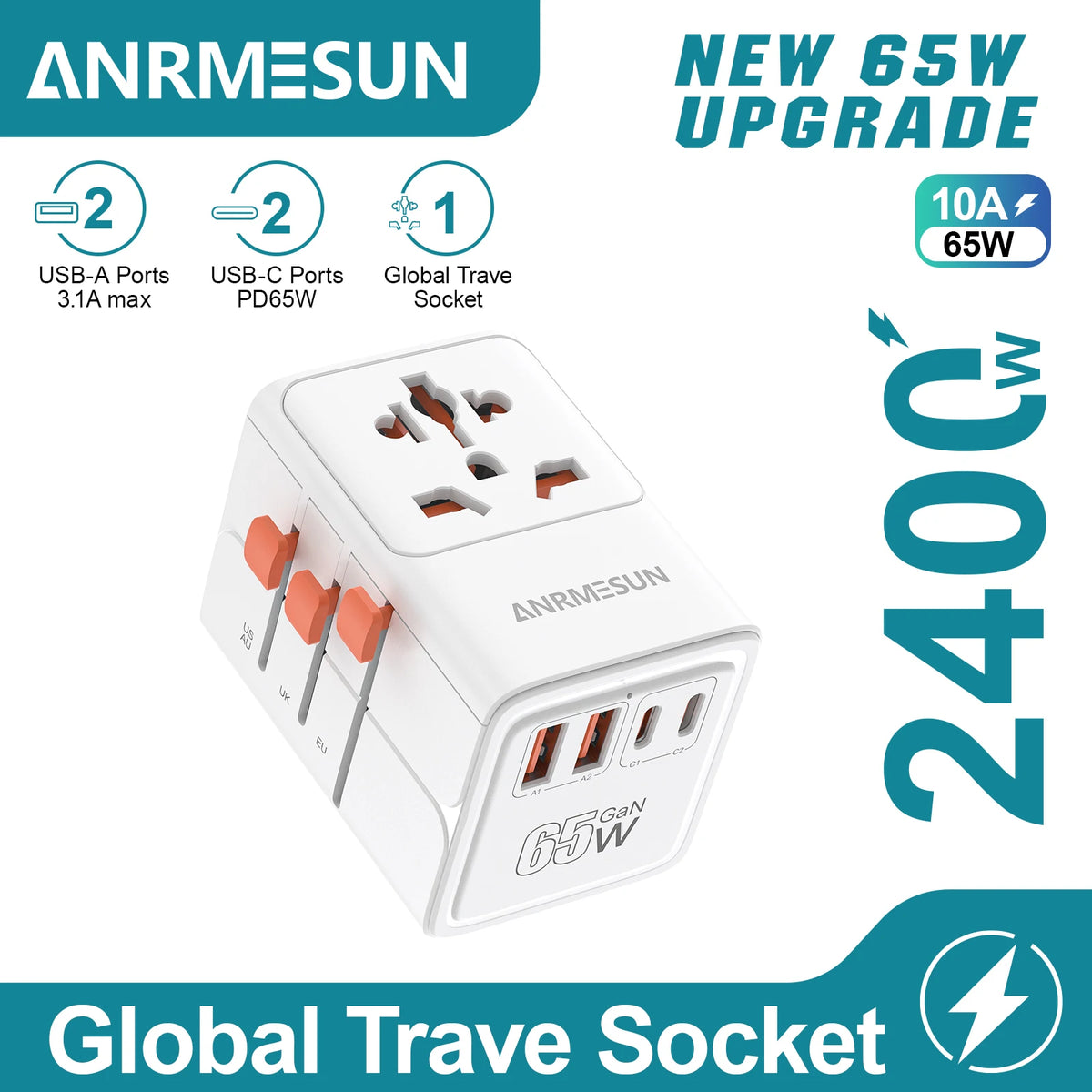 Travel Plug Adapter with USB-C & USB-A Charging