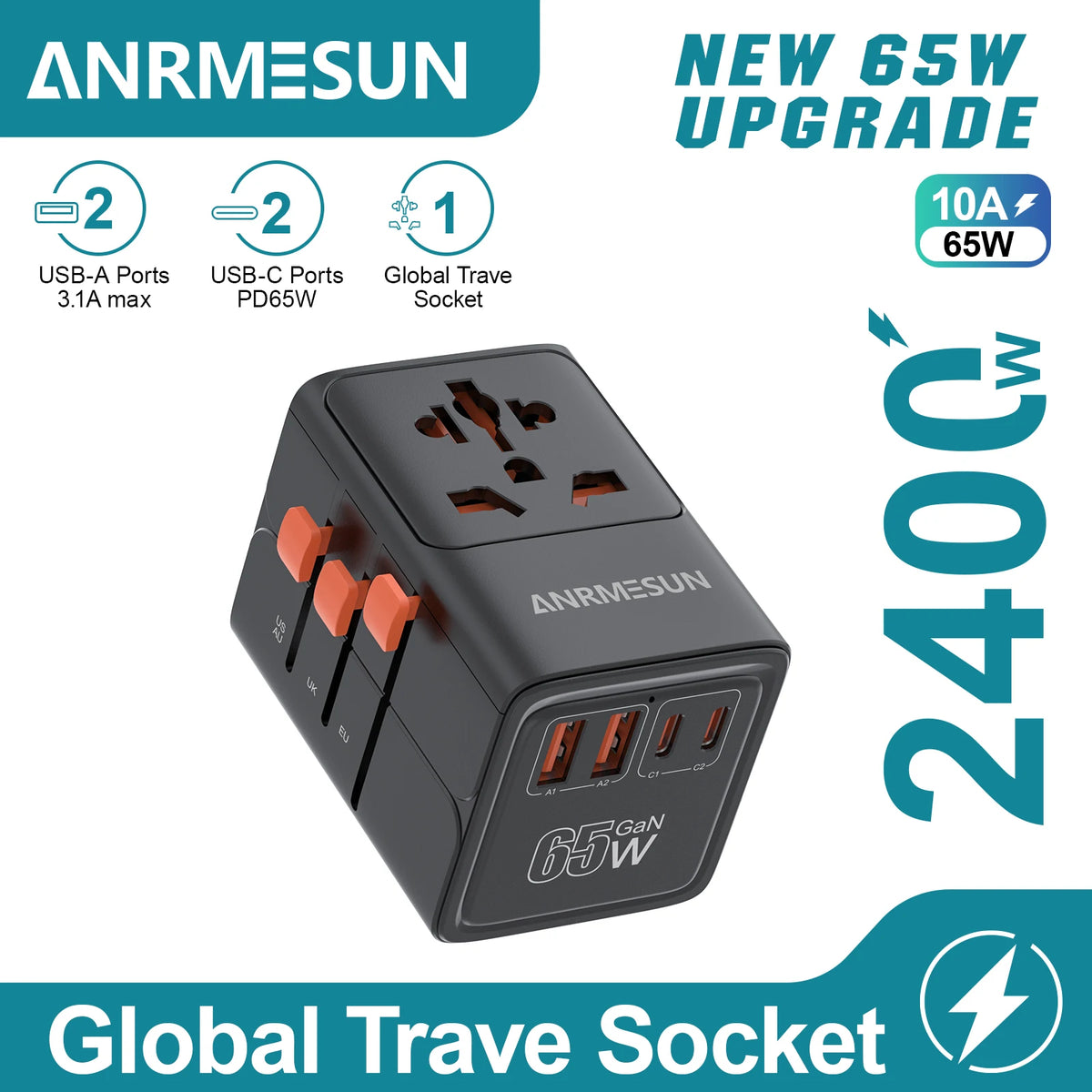 Travel Plug Adapter with USB-C & USB-A Charging