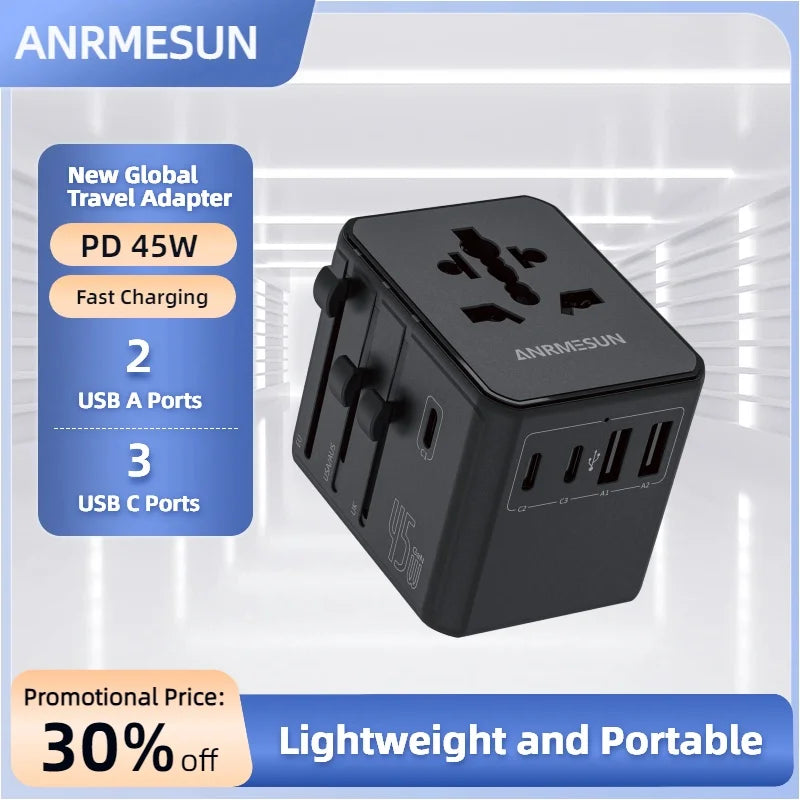 Travel Plug Adapter with USB-C & USB-A Charging