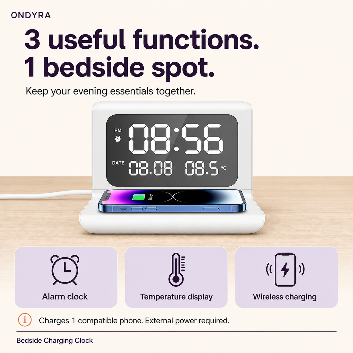 Silver-white bedside charging clock showing its alarm clock, temperature display and compatible phone-charging functions.