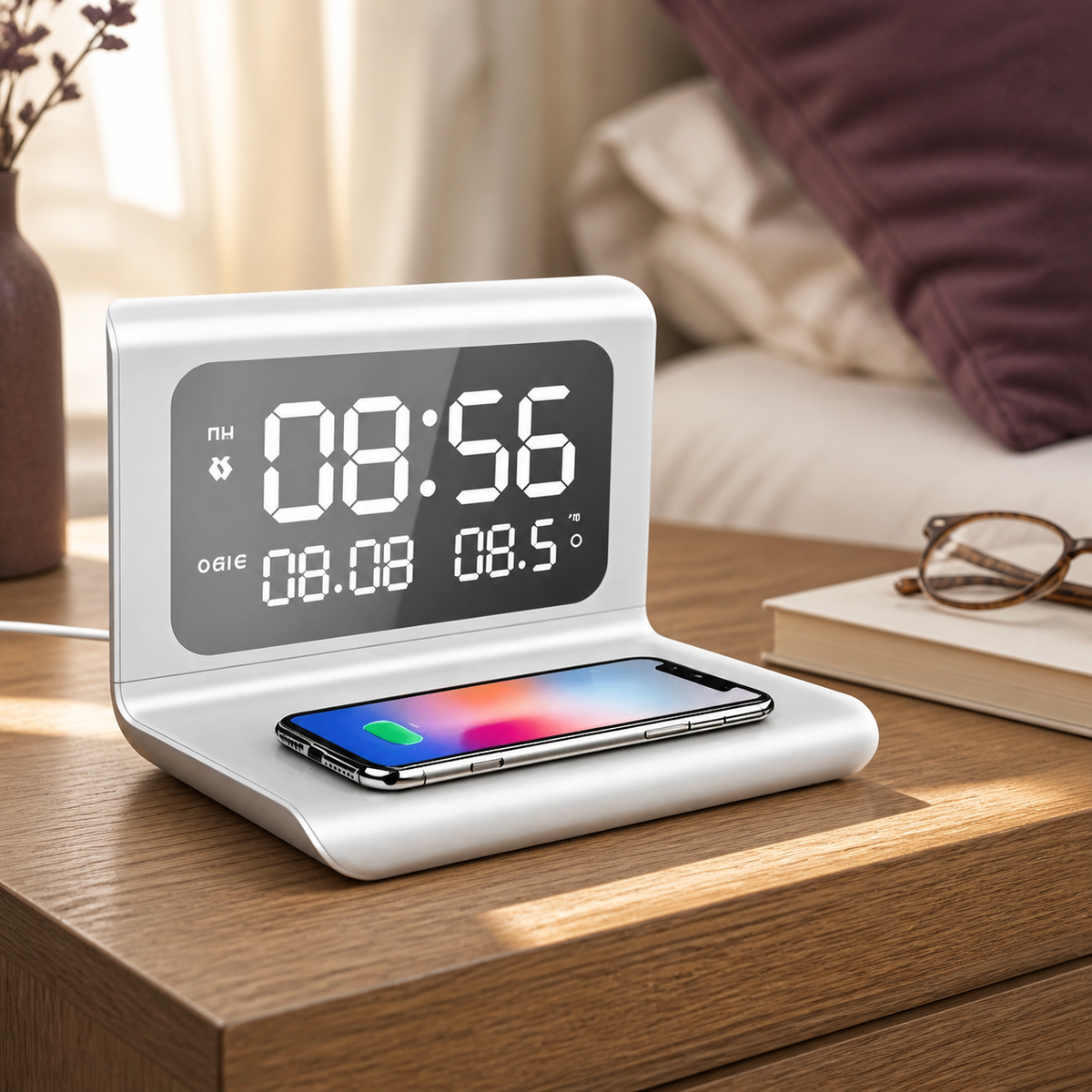 White bedside charging clock with a phone resting on its base beside cream bedding.