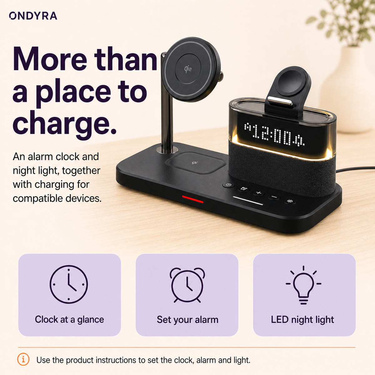 Black charging station showing its clock display, warm white night light, phone disc and watch pad above front controls.