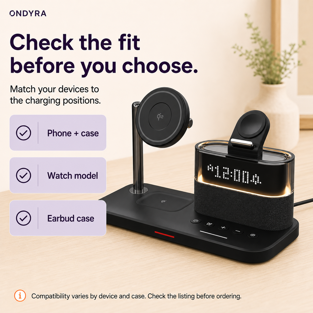 Black 3-in-1 clock charging station beside prompts to check phone and case, watch model and earbud case compatibility.