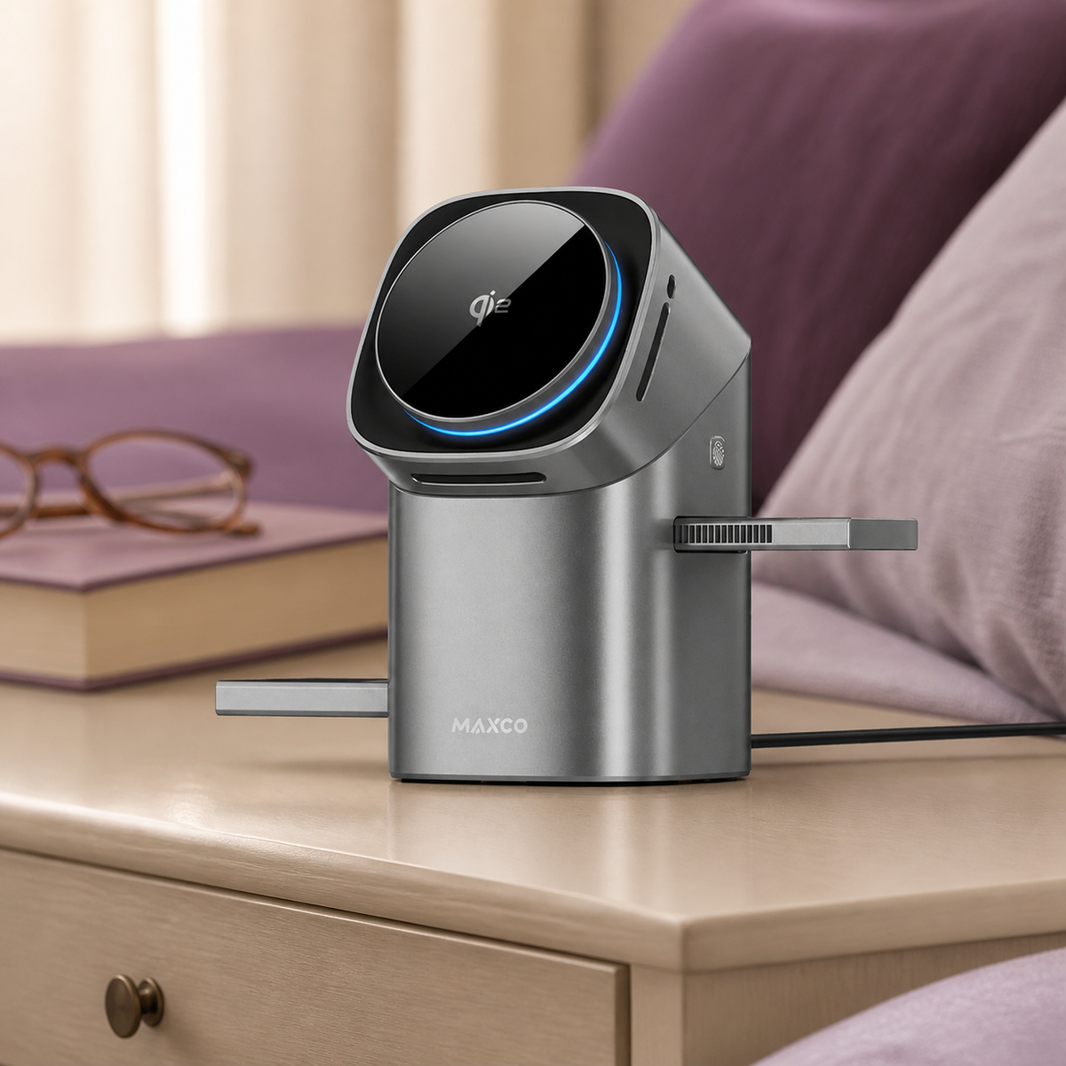 Silver magnetic charging stand with extended side pads and its power cable on a cream bedside table.