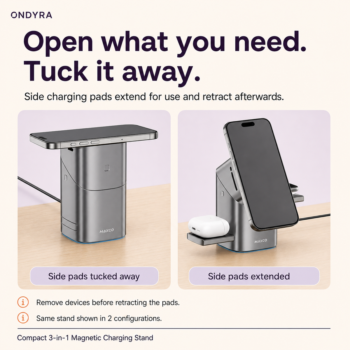 The same silver magnetic charging stand shown with its side pads tucked away and extended for compatible devices.