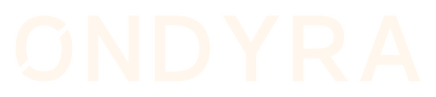 ONDYRA wordmark in warm cream with a diagonally split O