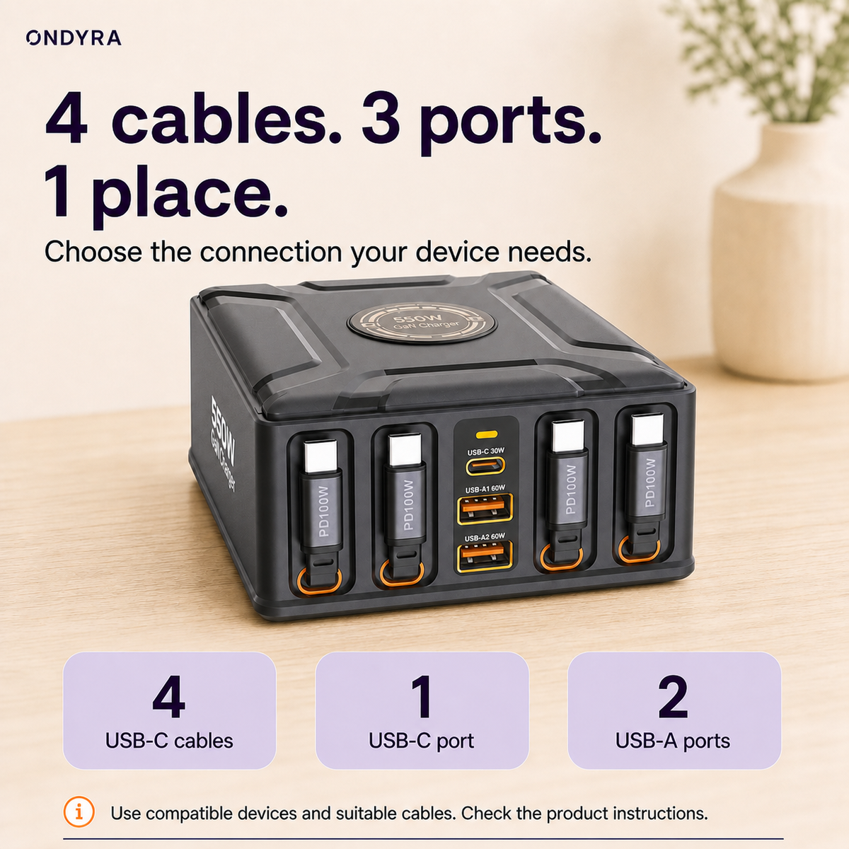 Front view of the station with 4 docked USB-C cables and a central column of 1 USB-C port above 2 USB-A ports.