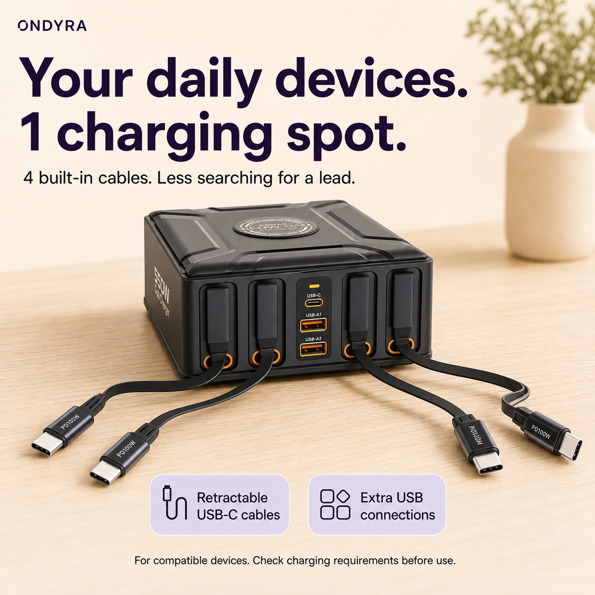 Charcoal charging station with 4 extended USB-C cables and 3 central USB ports on a warm cream surface.