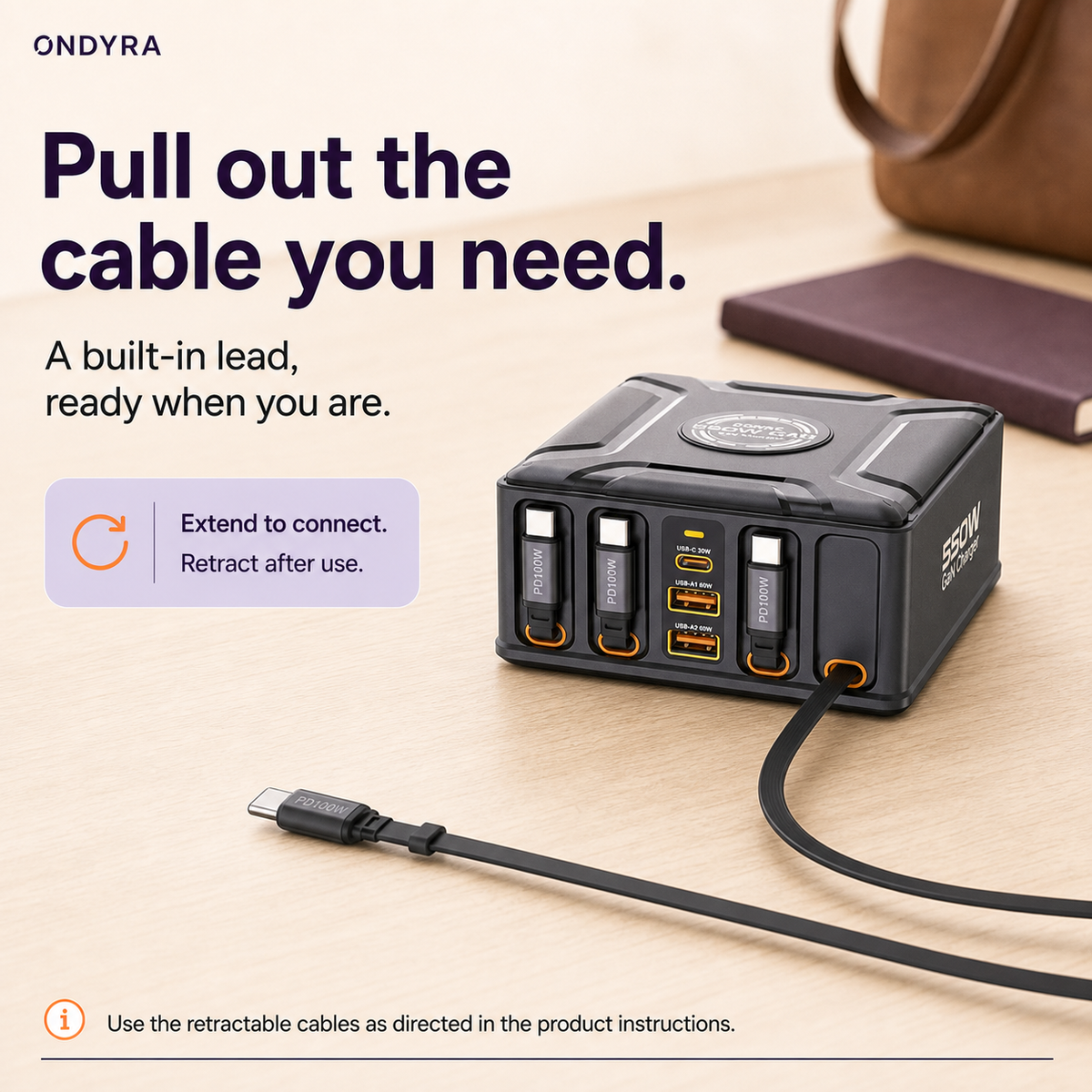 Charging station with 3 USB-C connectors docked and the far-right retractable cable extended across a pale desk.