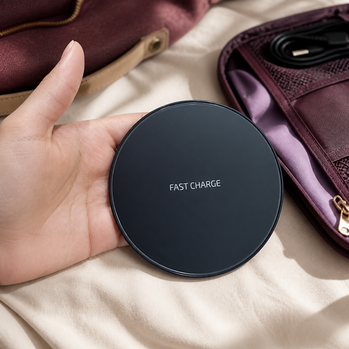 Black slim wireless charging pad held in a hand beside a travel pouch, shown unplugged.