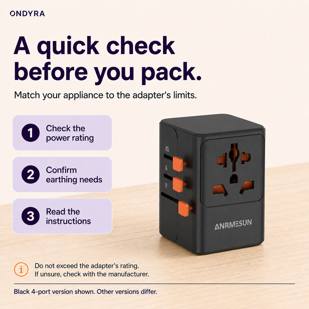 Front view of the black travel adapter beside a checklist to confirm appliance load, earthing requirements and adapter instructions.