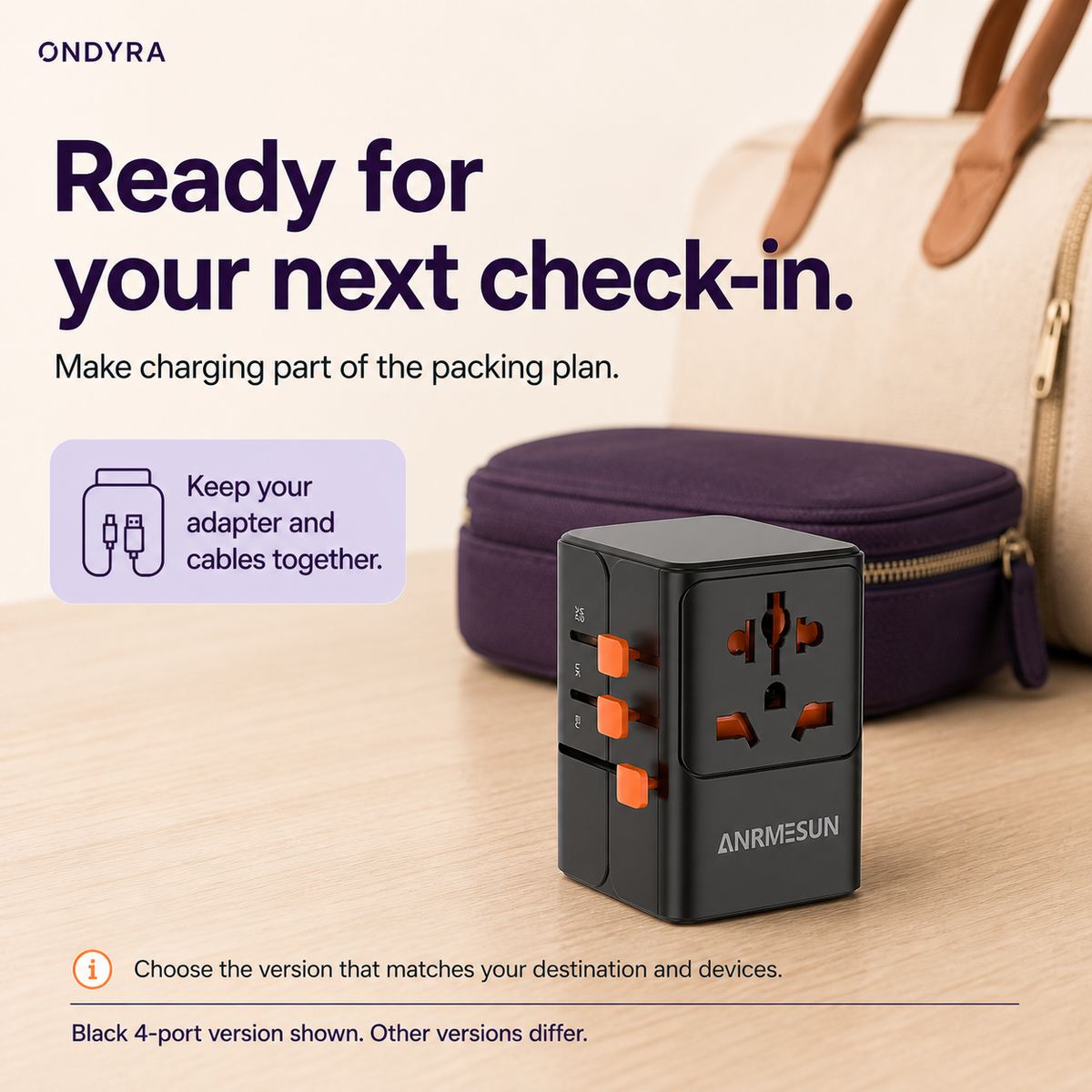 Black ANRMESUN travel adapter with orange sliders beside a plum cable pouch and cream weekend bag, shown unplugged.