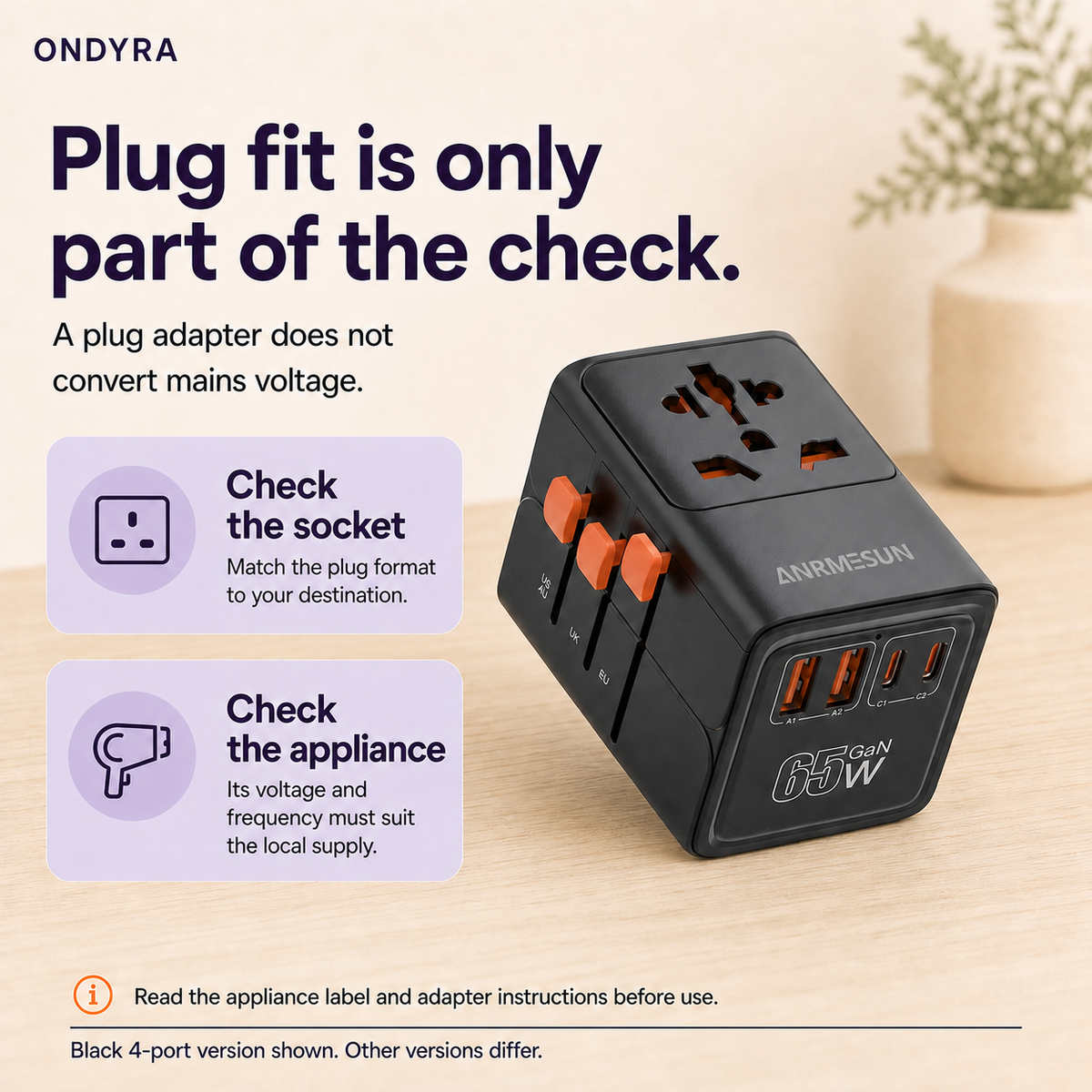 Black travel adapter beside guidance that a plug adapter does not convert mains voltage and appliance ratings must match the destination supply.